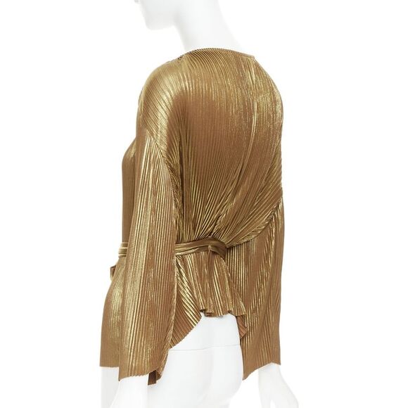 HALSTON HERITAGE gold accordion pleated gathered shoulder tie goddess top US10 L